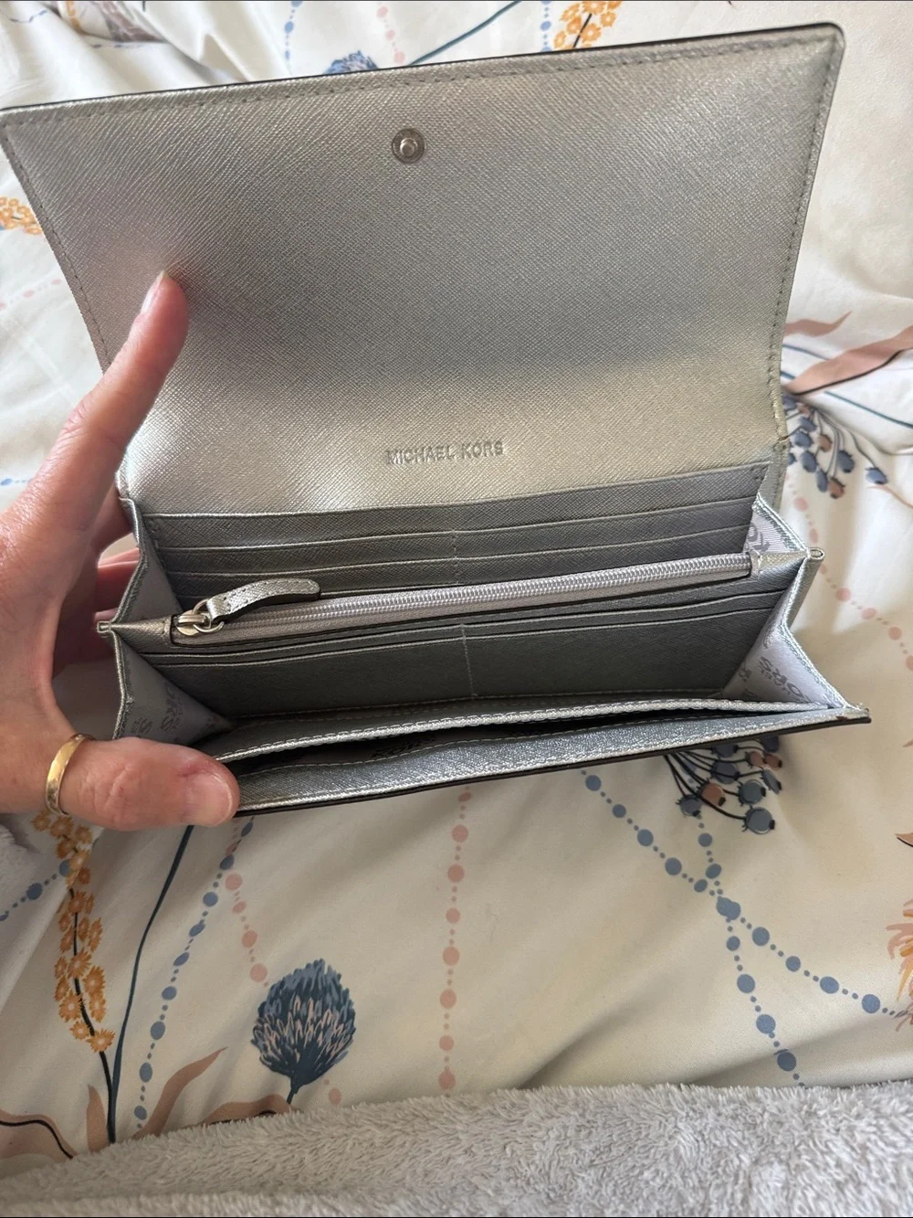 Michael Kors Metallic Silver Saffiano Card Holder Wallet